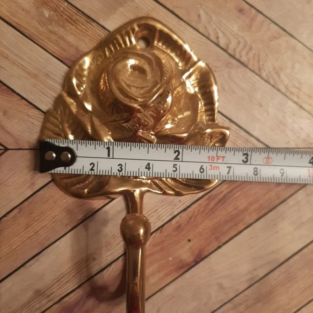2 Vintage Lacquered Brass Rose Floral Wall Hook Coat Hanger Shiny Bright